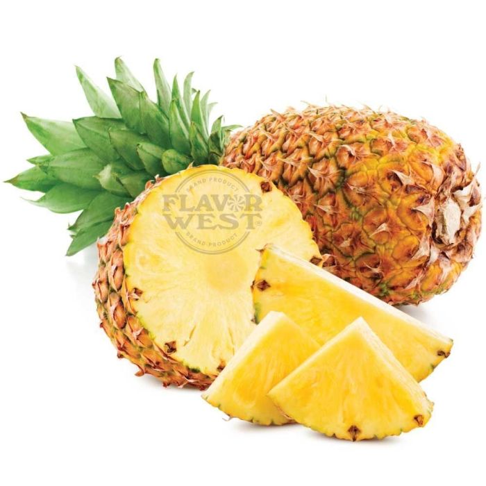 Whole pineapple with a few slices on a white background, featuring the Flavor West logo.