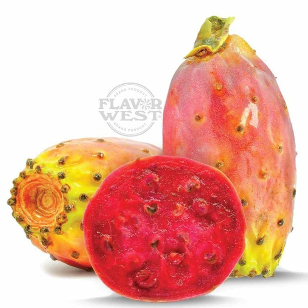 Prickly pear cactus fruit with a sliced view on a white background, featuring the Flavor West logo.