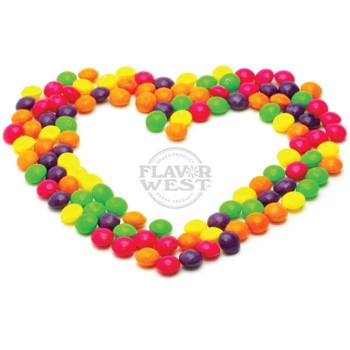 Colorful gumballs arranged in a heart shape with Flavor West logo.