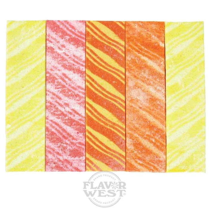 Five colorful candy bars with a striped pattern on a white background, branded 'Flavor West'.