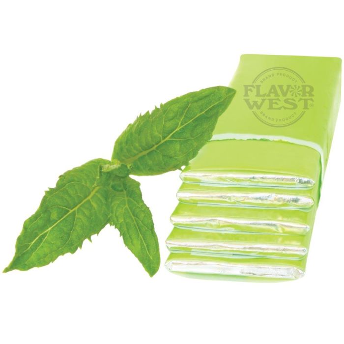 Green packaging with mint leaves on a white background, featuring the Flavor West logo.