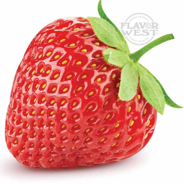 Strawberry with green leaf on a white background, featuring 'Flavor West' logo.