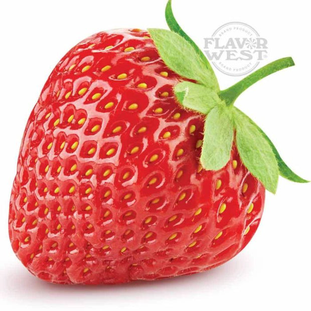 Strawberry with green leaf on a white background, featuring 'Flavor West' logo.