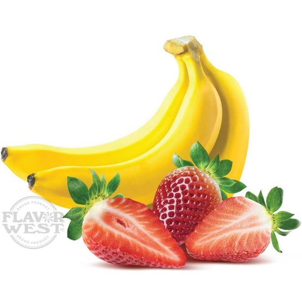 Bananas and strawberries on a white background with Flavor West logo.