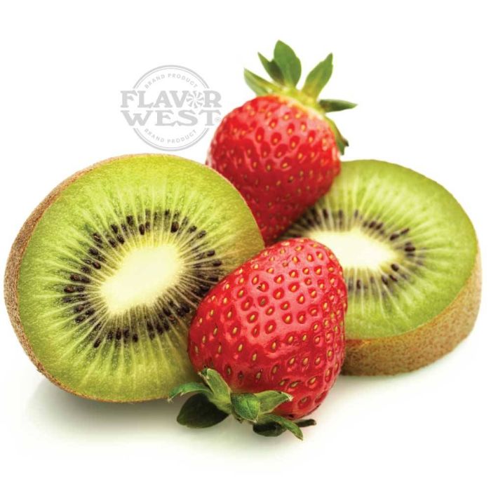 Sliced kiwi and strawberries on a white background with Flavor West logo.