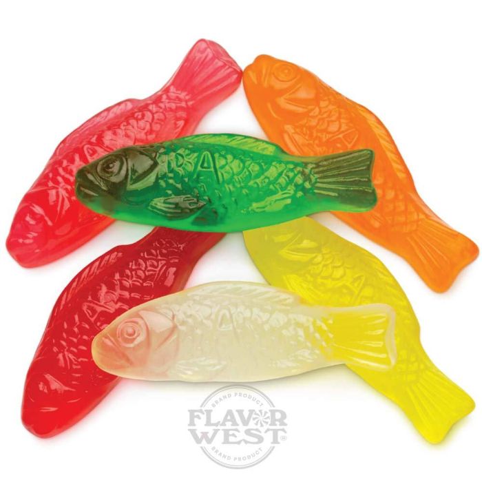Colorful fish-shaped gummy candies on a white background with Flavor West logo.
