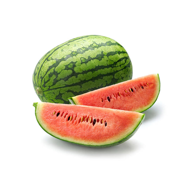 Whole watermelon and two slices on a white background