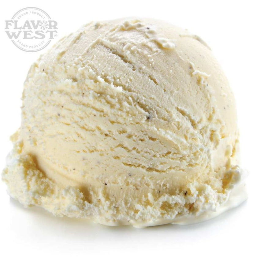 Ball of vanilla ice cream with 'Flavor West' logo in the corner